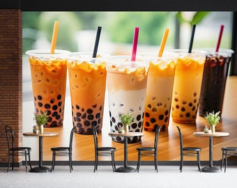 3D Pearl Tea FFA1844 Fruit Bubble Tea Milk Tea Shop Abnehmbare Tapete Selbstklebende Tapete Extra Großes Peel & Stick-Tapeten-Wandbild
