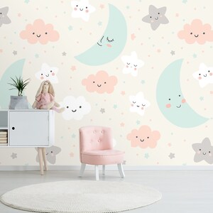 3D Blue Cartoon Moon FFA2075 Kid's Room Verwijderbare Wallpaper Zelfklevend Behang Extra Grote Peel & Stick Wallpaper Muurschildering