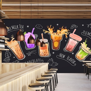 Carta da parati 3D Pearl Tea FFA1923 Frutta Bubble Tea Negozio di tè al latte Carta da parati rimovibile Carta da parati autoadesiva Carta da parati staccabile e incolla extra large Murale