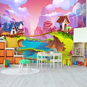 3D Cartoon Purple Mountains FFA3659 Play Center Verwijderbare Wallpaper Zelfklevende Wallpaper Peel & Stick Wallpaper Muurschildering