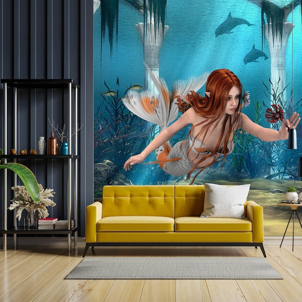 3D Ocean Mermaid FFA1504 Removable Wallpaper Self Adhesive Wallpaper Extra Large Peel & Stick Wallpaper Wallpaper Mural