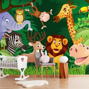 3D Happy Cartoon Dieren FFA2083 Kid's Room Verwijderbare Wallpaper Zelfklevend Behang Extra Grote Peel & Stick Wallpaper Muurschildering