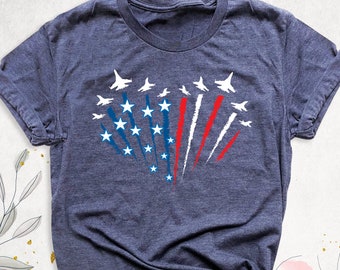 Fighter Jet Airplane Shirt, Heart USA Flag Tshirt, 4th of July Outfit, Pilot Airplane American Shirt, Independence Day Tee, Patriotic Shirts