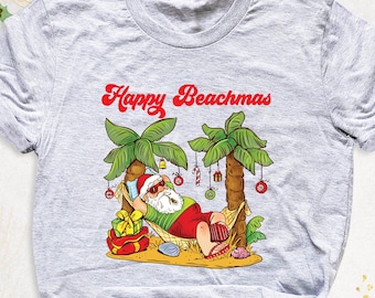 T-shirt Gildan Col V Merry Beachmas Funny Summer Santa Claus - Coton - Taille Homme - Neuf Avec étiquettes