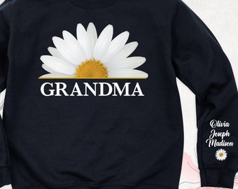 Grandma with grandkids names on sleeve sweatshirt, Grandma Daisy hoodie, Grandma sweatshirt, Mothers day gift grandma, Grandma long sleeve