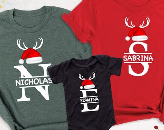 Monogrammed Family Christmas Shirt, Personalized Initials Christmas Shirt, Matching Family Shirt, Santa Hat Shirt, Christmas Gift, Party Tee