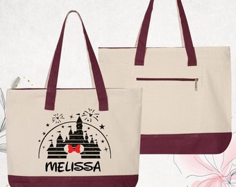 Custom Disney Girls Trip Tote Bag, Disney Castle Women Bag, Disneyland Vacation Zippered Tote Bag, Disneyworld Minnie Bag, Disney Travel Bag
