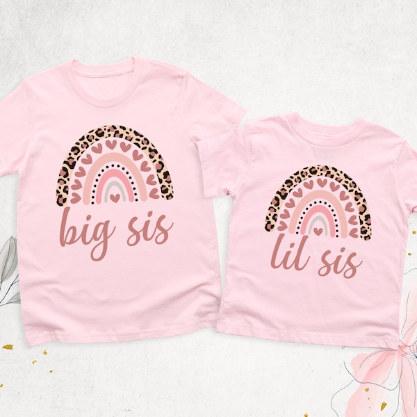 Rainbow Big Sis Lil Sis Shirt, Pregnancy Announcement Tshirt, Matching Sisters Outfit, Big Little Sister Leopard Heart Shirt, Sibling Shirts
