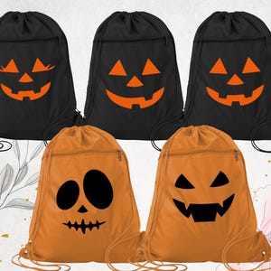 May include: Six drawstring bags in black and orange, featuring jack-o'-lantern faces. The black bags have orange faces, while the orange bags have black faces. Each bag has a zippered pocket and drawstring closure, perfect for Halloween.