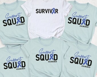 May include: Six light blue t-shirts with the text "Support Squad" and a blue ribbon. One white t-shirt with the text "Survivor" and a blue ribbon.