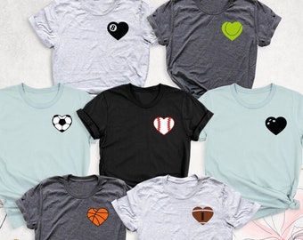 Camiseta deportiva con forma de corazón, camiseta para el día del partido, camiseta de baloncesto, fútbol, béisbol, para mamá, camiseta para el amor por el deporte, camiseta de tenis, golf y bolos, camiseta para sesión deportiva