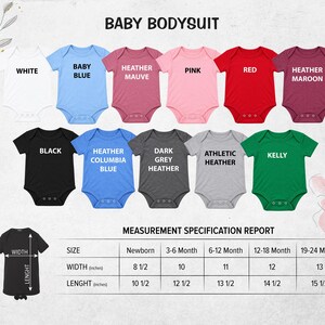 The image is a color chart for baby bodysuits, displaying various colors and sizes along with corresponding measurements.