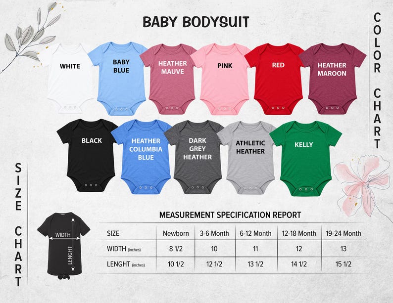 The image is a color chart for baby bodysuits, displaying various colors and sizes along with corresponding measurements.