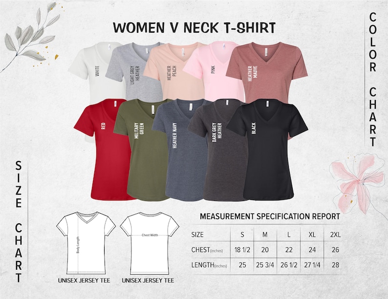 K&ouml;nnte beinhalten: Eine Gr&ouml;&szlig;entabelle f&uuml;r Damen-V-Ausschnitt-T-Shirts in verschiedenen Farben, darunter Wei&szlig;, Rot, Milit&auml;rgr&uuml;n, Hellgrau meliert, Peach meliert, Dunkelgrau meliert, Pink und Mauve meliert. Die Tabelle zeigt die Brust- und L&auml;ngenma&szlig;e in Zoll f&uuml;r die Gr&ouml;&szlig;en S, M, L, XL und 2XL.