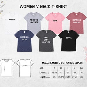 The image is a color chart for women's neck t-shirts, displaying various color options and corresponding measurements.