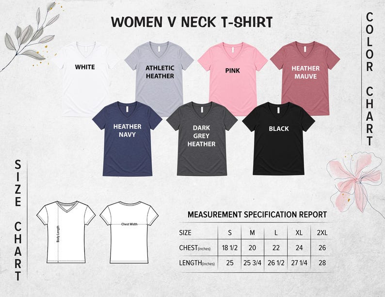 The image is a color chart for women's neck t-shirts, displaying various color options and corresponding measurements.