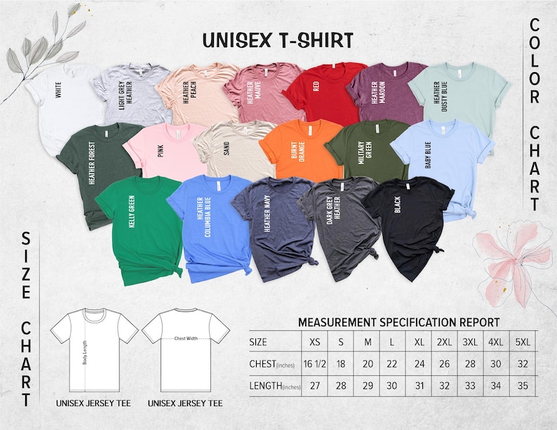 May include: A color chart of unisex t-shirts in various colors, including white, pink, and black. The image includes a size chart with chest and length measurements in inches, ranging from XS to 5XL. The text "UNISEX T-SHIRT" is at the top.