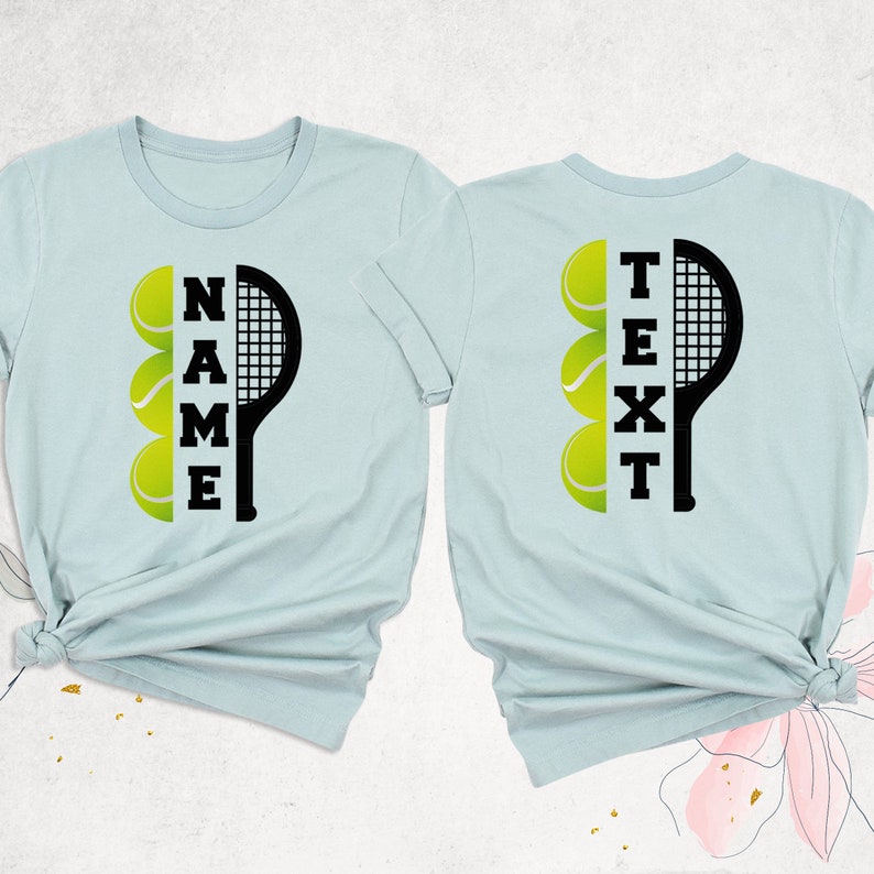 May include: Two light blue t-shirts with a black tennis racket and yellow tennis balls. The text "NAME" is on the left shirt and "TEXT" is on the right shirt.