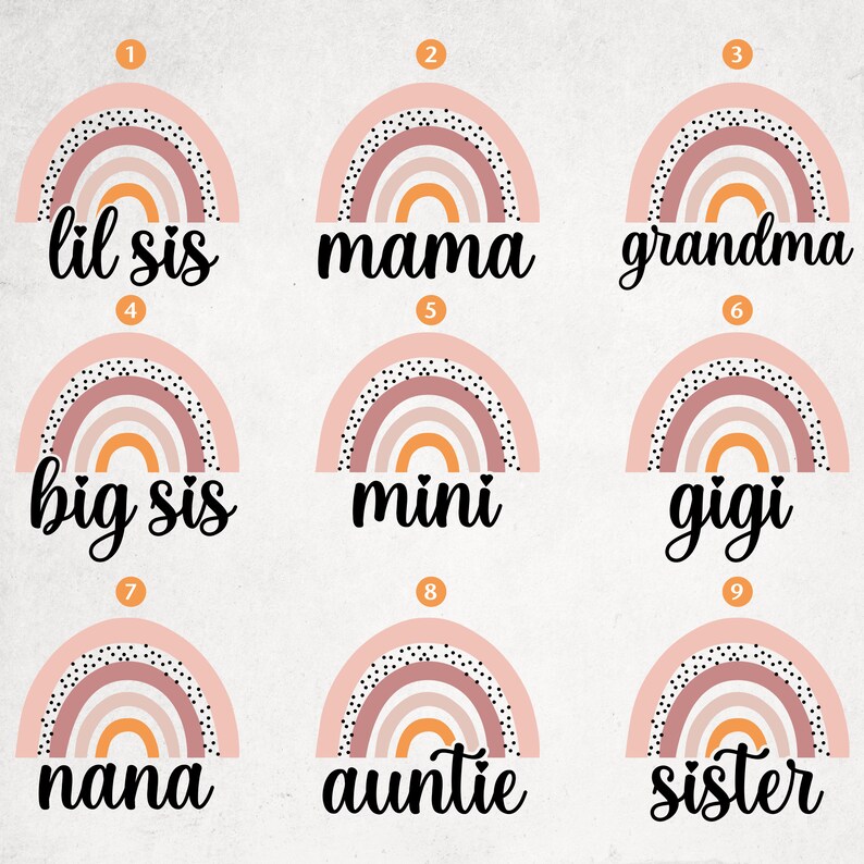 Pode incluir: Nove designs de arco-&iacute;ris com textos diferentes abaixo de cada um. O texto inclui "lil sis", "mama", "grandma", "big sis", "mini", "gigi", "nana", "auntie" e "sister".