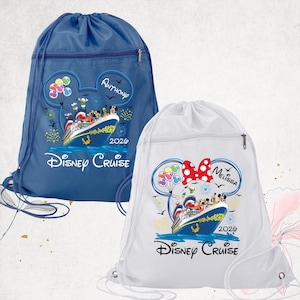 May include: A blue drawstring backpack and a white drawstring backpack, each featuring a graphic of a cruise ship with Disney characters, balloons, fireworks, and the text Disney Cruise 2026. The blue bag is personalized with the name Anthony, and the white bag features a red polka dot bow and the name Melissa.