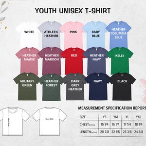 The image is a color chart for a youth unisex t-shirt, displaying various color options and corresponding measurements.