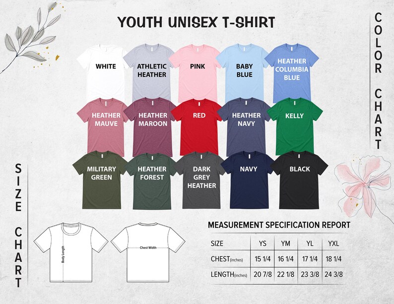The image is a color chart for a youth unisex t-shirt, displaying various color options and corresponding measurements.