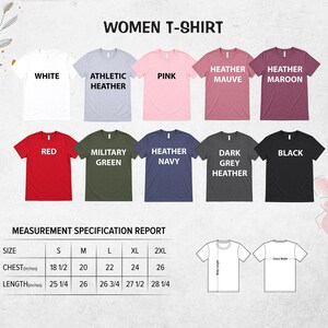 a collection of t-shirt designs, each with different colors and styles, arranged in a chart format.