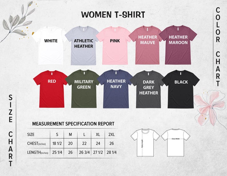 a collection of t-shirt designs, each with different colors and styles, arranged in a chart format.