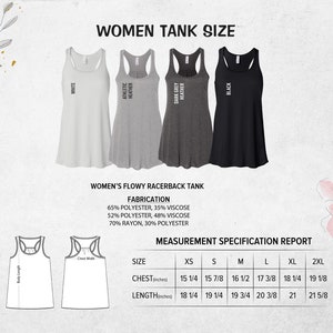 May include: Size chart for a women's flowy racerback tank top. The chart shows measurements in inches for chest and length in sizes XS, S, M, L, XL, and 2XL. The tank top is available in white, athletic heather, dark grey heather, and black.