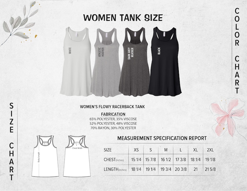 May include: Size chart for a women's flowy racerback tank top. The chart shows measurements in inches for chest and length in sizes XS, S, M, L, XL, and 2XL. The tank top is available in white, athletic heather, dark grey heather, and black.