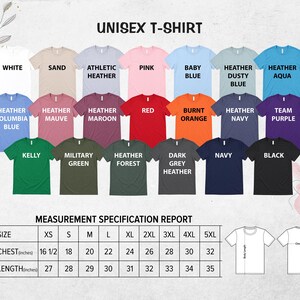 The image is a color chart for a unisex t-shirt, displaying various color options and corresponding sizes.