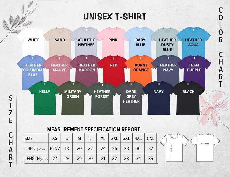 The image is a color chart for a unisex t-shirt, displaying various color options and corresponding sizes.