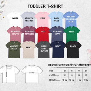 The image is a color chart for toddler t-shirts, displaying various color options and corresponding measurements for different shirt sizes.