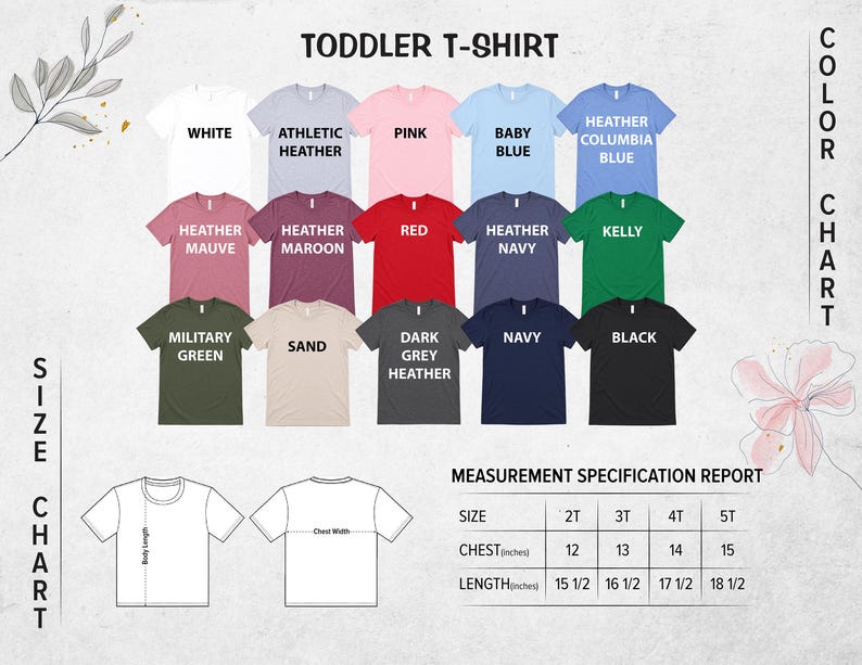 The image is a color chart for toddler t-shirts, displaying various color options and corresponding measurements for different shirt sizes.