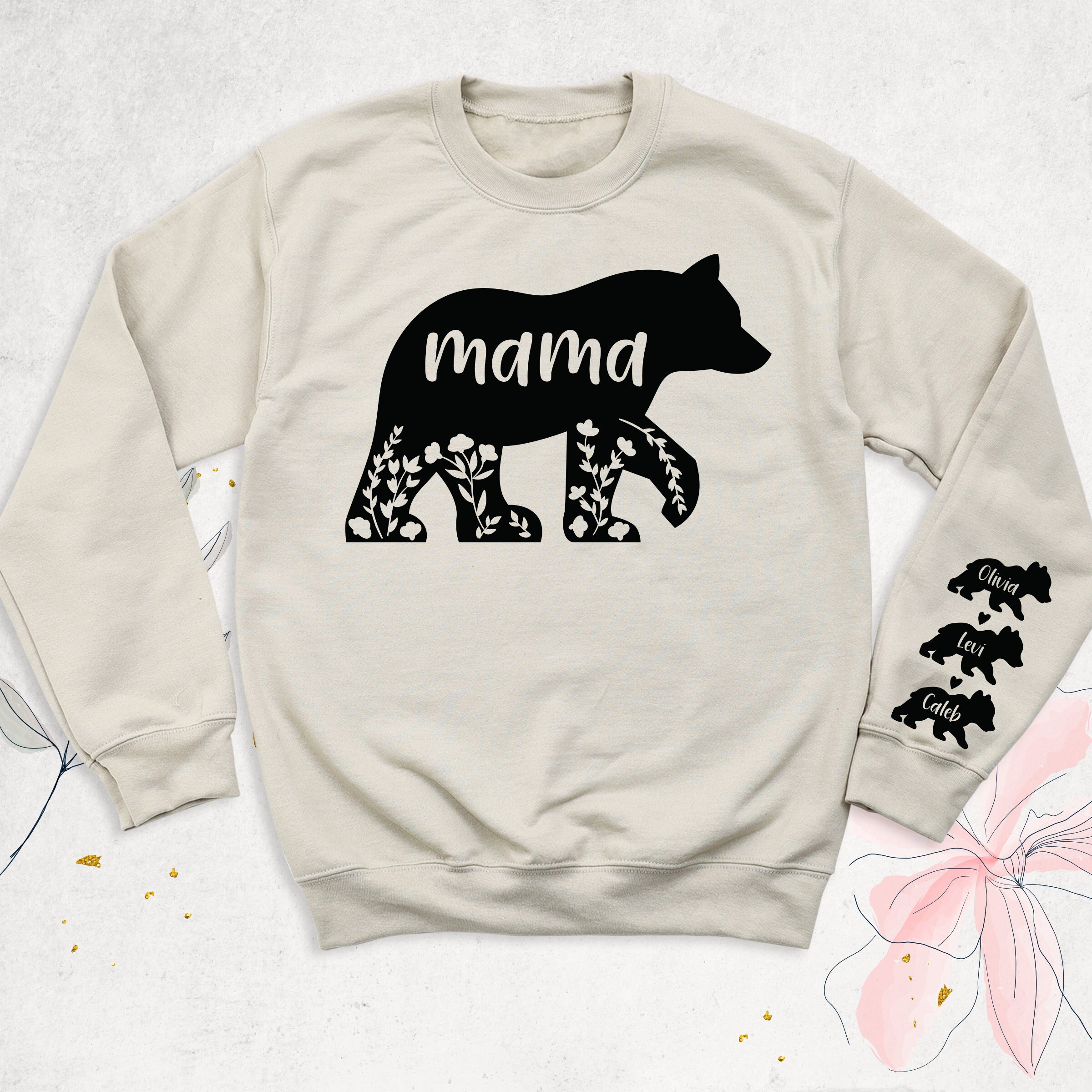 Mama Bear With Kids Names on Sleeve Sweatshirt, Bear Mothers Day