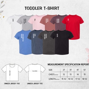 May include: Toddler t-shirt size chart with a variety of colors including white, light grey, pink, heather mauve, heather maroon, red, heather columbia blue, heather navy, dark grey heather, and black. The chart shows the chest and length measurements in inches for sizes 2T, 3T, 4T, and 5T.