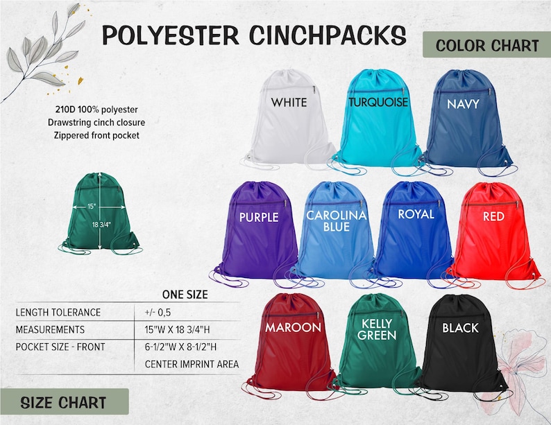 Pu&ograve; includere: Una tabella colori di zaini a sacco in poliestere con chiusura a coulisse e tasca frontale con zip. Disponibili in bianco, turchese, blu navy, viola, blu carolina, blu reale, rosso, bordeaux, verde kelly e nero. Dimensioni: 38,1 cm per 47,6 cm.