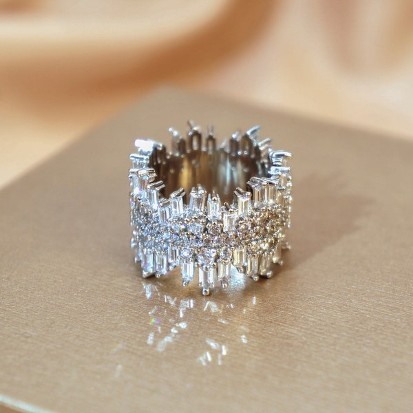 Baguette CZ Ring, Irregular Baguette Band, Silver Fashion Cubic Zirconia Ring Women, Engagement Ring, Environmental Copper