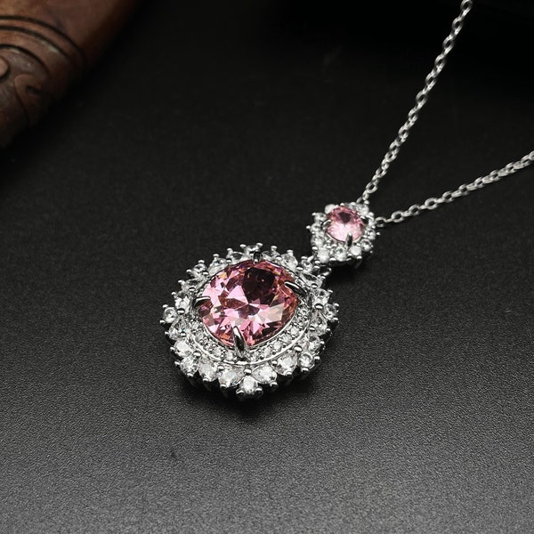 Vintage Pink Oval Necklace, Pink Zircon Necklace with Halo, Oval Pendant Necklace, Elegant Wedding Necklace, Pink Gemstone Necklace
