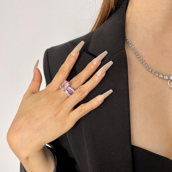 Bague CZ rose, grosse pierre gemme taille coussin pour femme, bague de fiançailles d'anniversaire de mariage, bague de bal de promo, bague de cocktail, cadeaux personnalisés 1-139