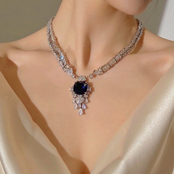Luxurious Blue Sapphire Double Layered Zircon Necklace/Earring Set-Sparkling Cornflower Blue Gemstone Formal Necklace-Bridal Wedding Jewelry