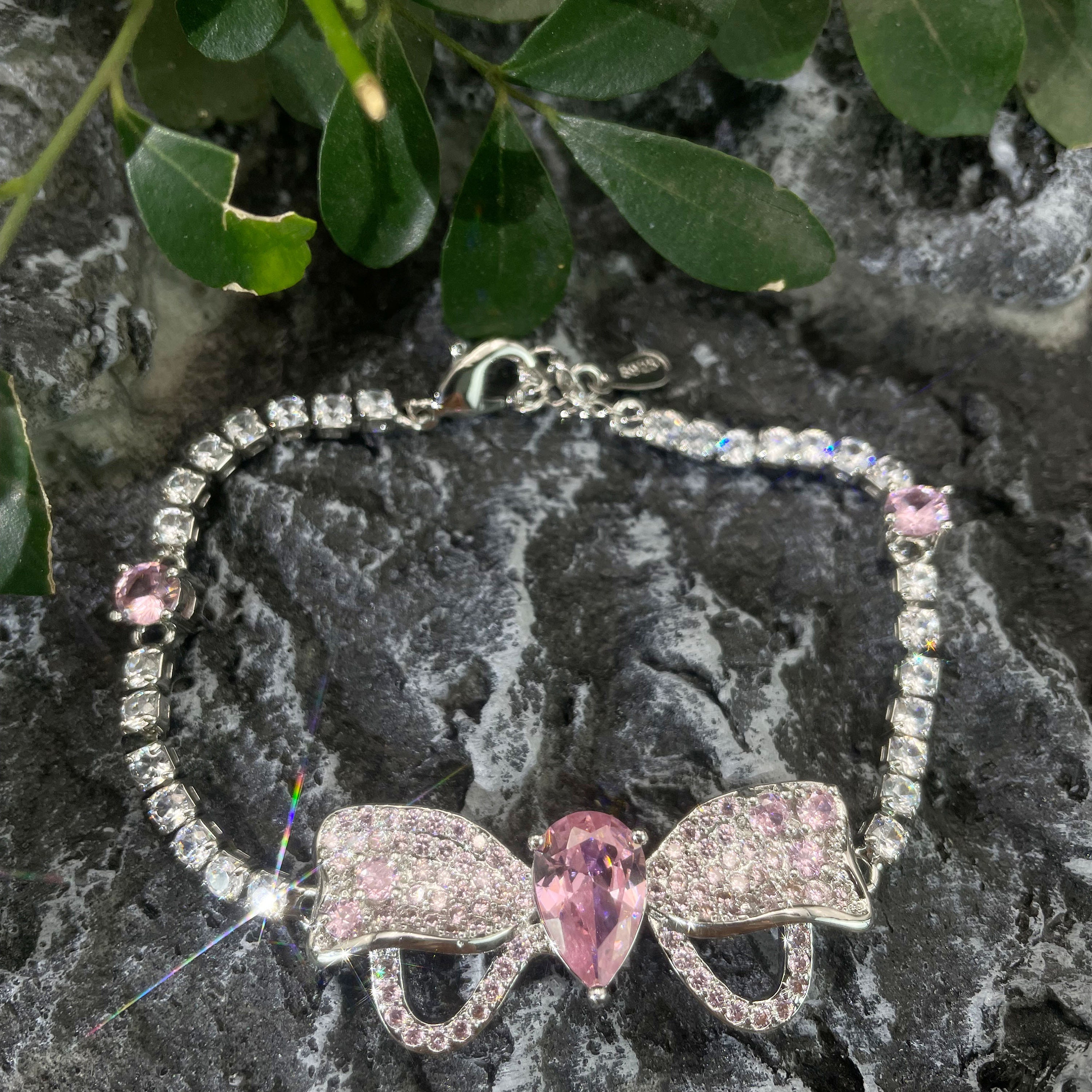 Dainty Butterfly Zircon Cluster Pendant Baby Pink String Bracelet