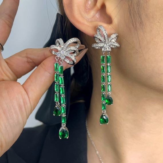 Emerald Green Dangle Earrings Green Cubic Zirconia Dangle Etsy
