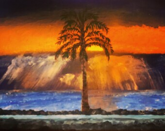 Schilderij zonsopgang aan zee: palmboom strandkunst