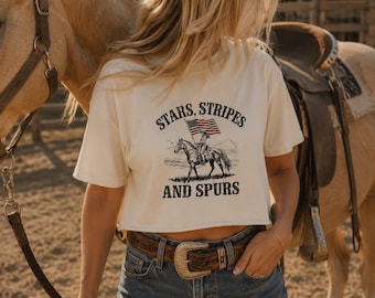 Stars Stripes and Spurs Western 4th of July Cropped Comfort Colors Tee, Patriotic Western Shirt, Rodeo Graphic Tee, Country Concert Outfit