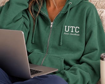 Personalized CRNA Nurse Anesthesia Zip-Up Hoodie, Custom Embroidered Fleece Sweatshirt, Christmas gift for Nurse Anesthetist