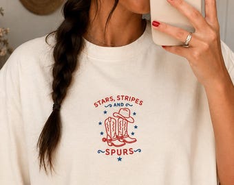 Western 4. Juli gestickte Sterne, Streifen und Sporen Shirt, Western-T-Shirt, Cowgirl Rodeo Shirt, Cowboystiefel Shirt