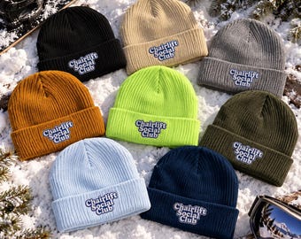 Chairlift Social Club Embroidered Beanie, Ski & Snowboard Hat, Winter Christmas Gift, Ribbed Snow Hat