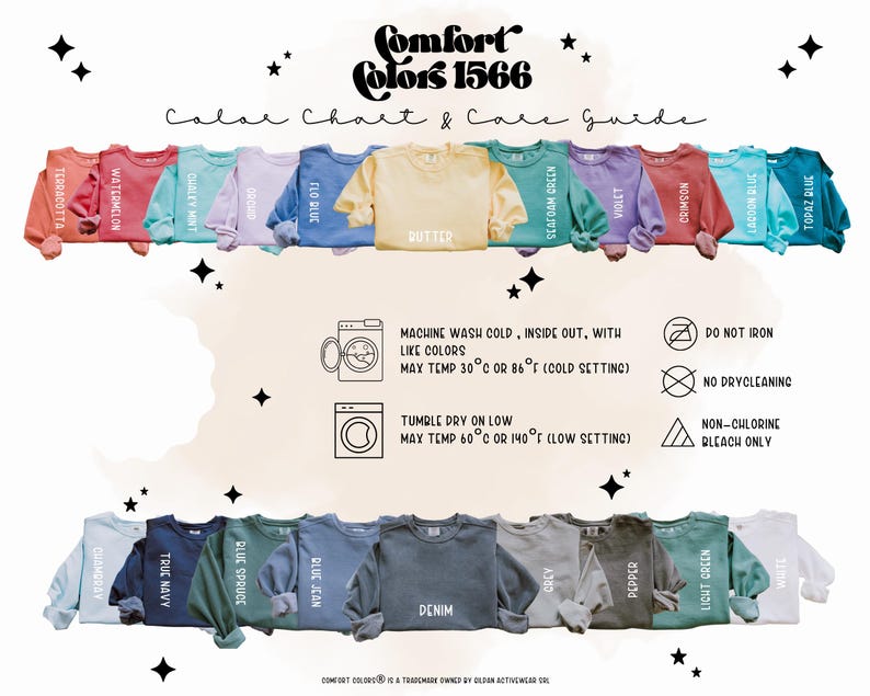 May include: A color chart and care guide for Comfort Colors 1566 sweatshirts. The image displays a variety of sweatshirt colors, including Terra Cotta, Watermelon, and Butter. Washing and care instructions are also provided, such as machine wash cold and tumble dry low.
