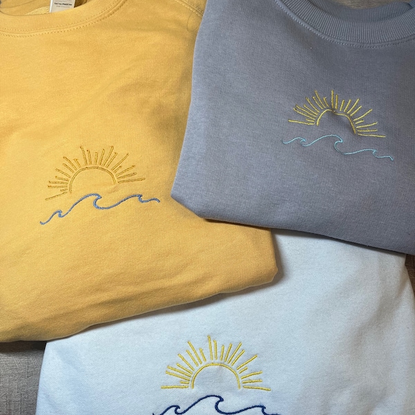 Embroidered sun and waves sweatshirt, embroidered items, sunset embroidered t-shirt, embroidery clothing, sun embroidery, wave embroidery
